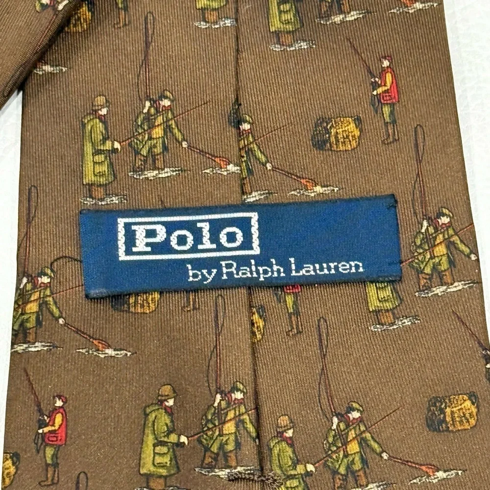 Vintage Polo Ralph Lauren Tie 100% Silk Necktie Handmade USA Fly Fisherman Olive